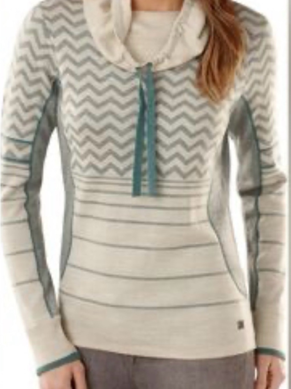 Smartwool Cream Chevron & Stripe Cowl Pullover with Teal Drawcord size XS